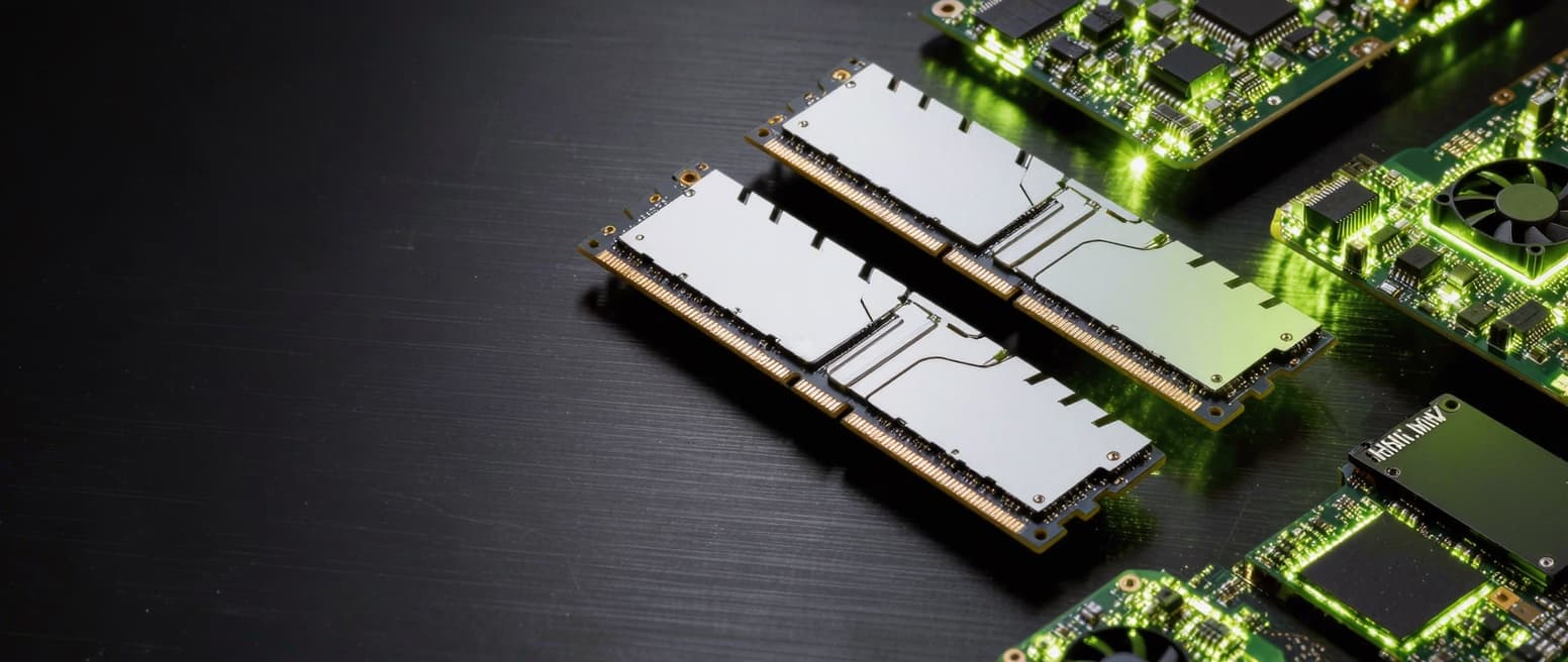 Moduły pamięci RAM i dysk SSD na ciemnym metalowym podłożu