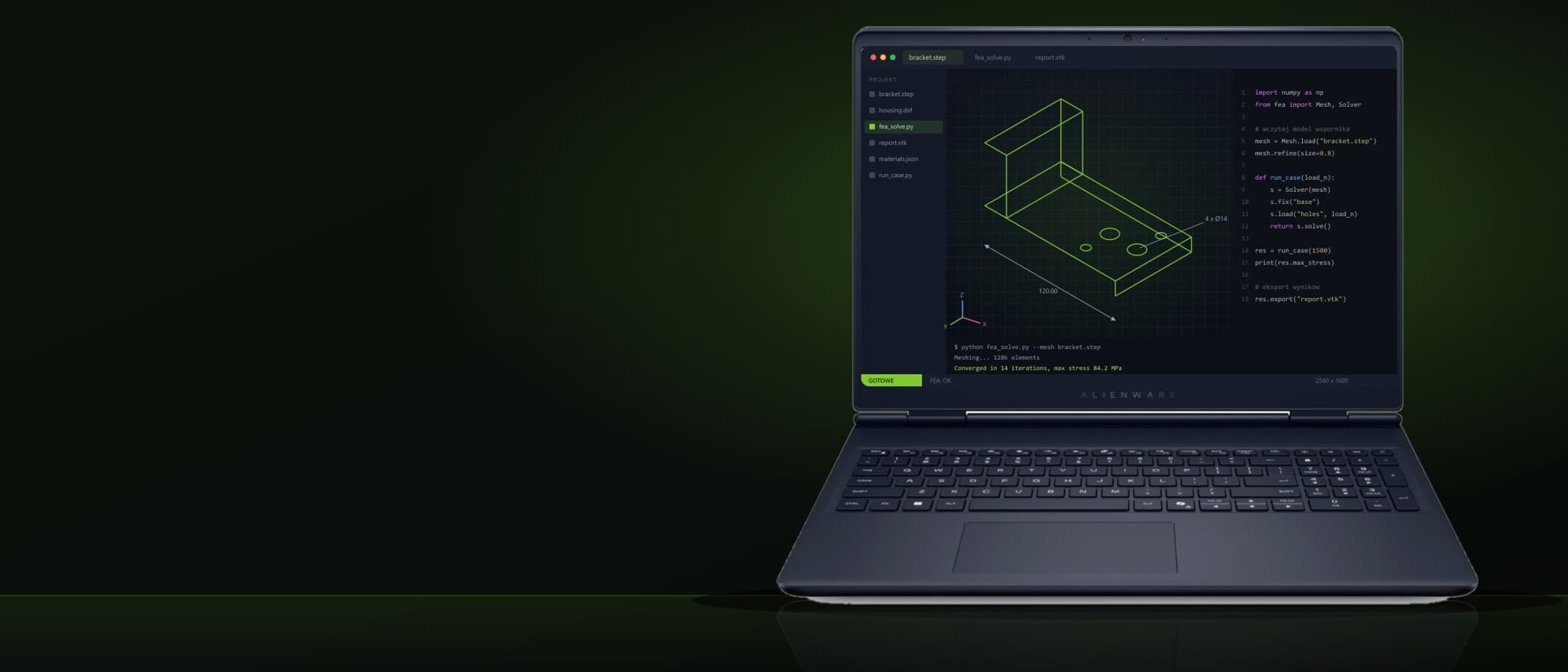 Laptop Dell Alienware z otwartym projektem CAD i kodem na ekranie, na ciemnym tle z zieloną poświatą