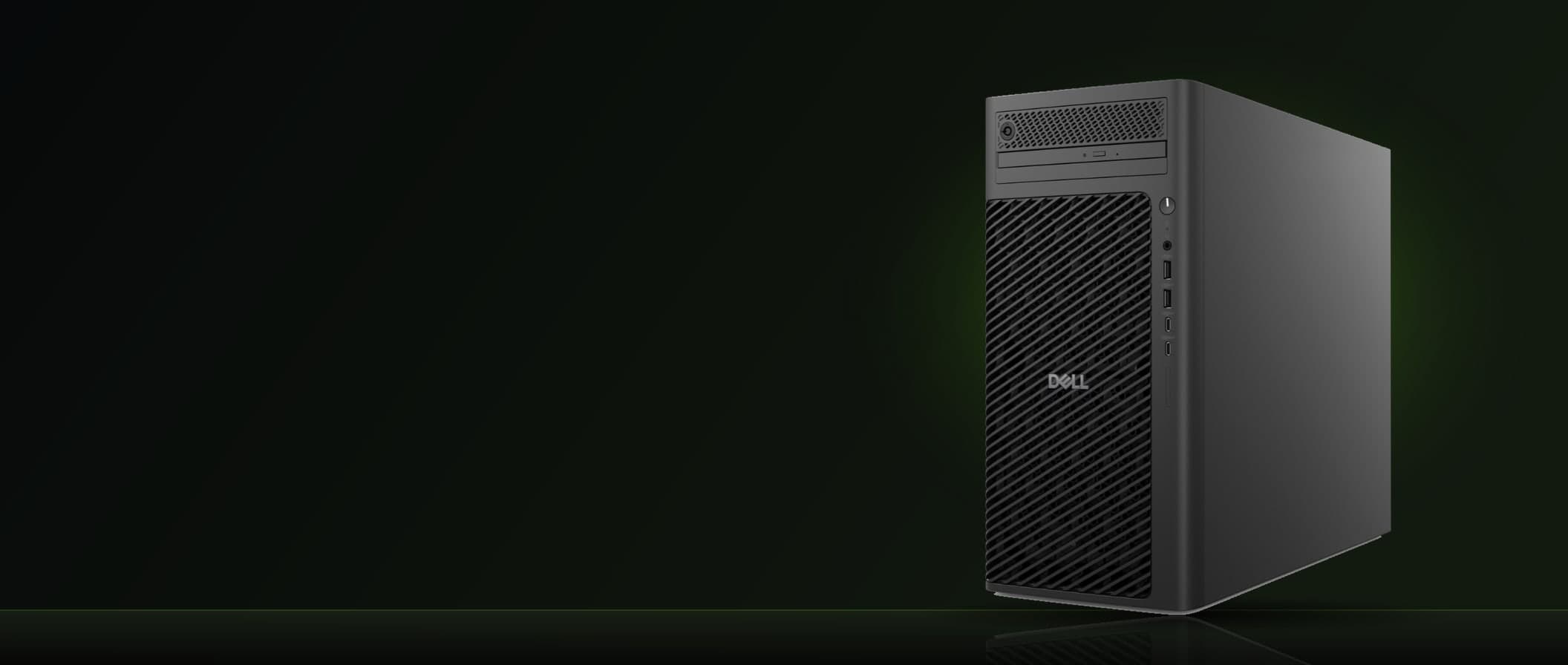 Stacja robocza Dell Pro Max Tower T2 na ciemnym tle z zieloną poświatą