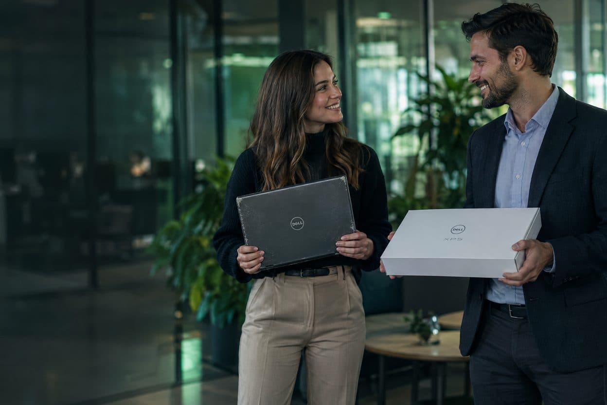 Dwie osoby w biurze, kobieta trzyma stary laptop, mężczyzna podaje nowy laptop w pudełku