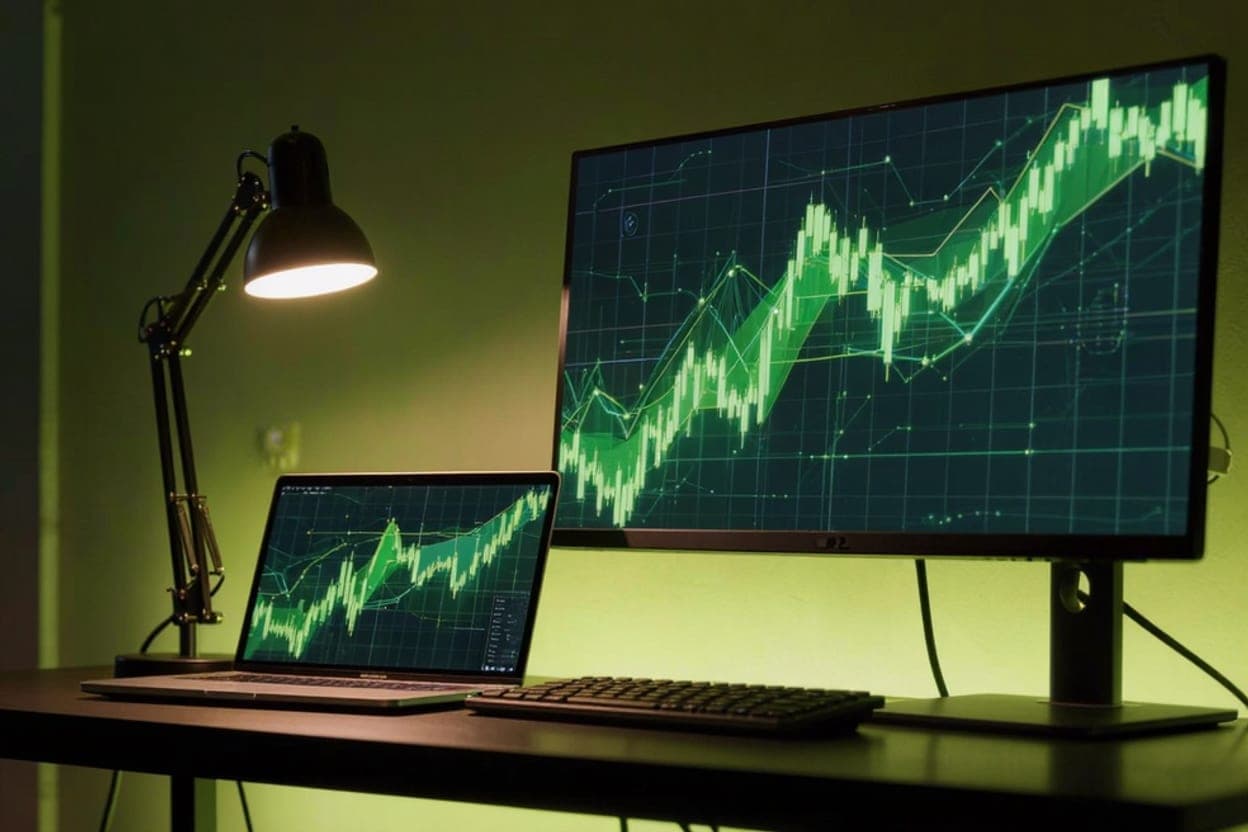 Laptop i monitor na ciemnym biurku z zieloną poświatą