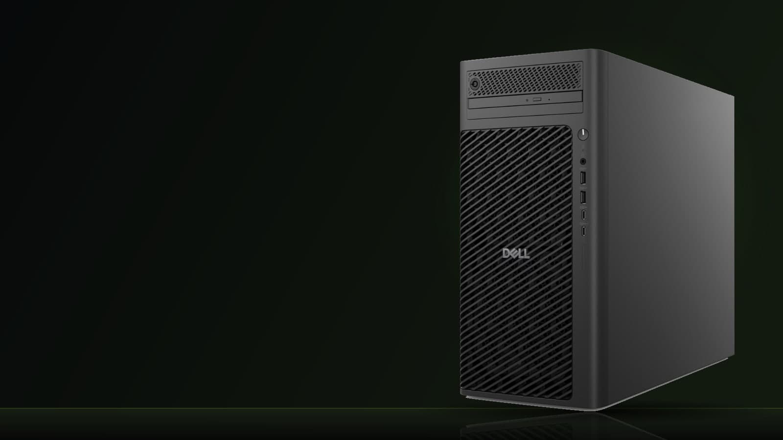 Stacja robocza Dell Pro Max Tower T2 na ciemnym tle z zieloną poświatą