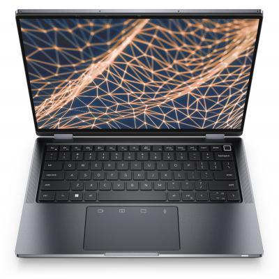 Zdjęcie notebooka Dell Latitude 13 9330 2 w 1 z pomarańczowym i ciemnoniebieskim tłem na ekranie.