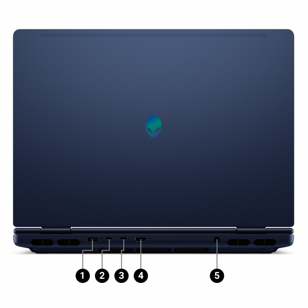 Widok z tyłu notebooka gamingowego Alienware 16X Aurora, przedstawiający porty przyłączeniowe.