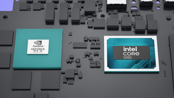 Ilustracja przedstawiająca płytę gł&oacute;wną notebooka gamingowego Alienware 16X Aurora z kartą graficzną NVIDIA&reg; i procesorem Intel&trade;.