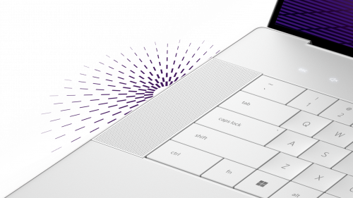 Ilustracja przedstawia zbliżenie głośnik&oacute;w w notebooku Dell 16 Premium.
