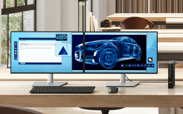 Ten cyfrowy obraz przedstawia nowoczesne biuro wzbogacone o naturalne światło i drewniane elementy stwarzające przytulną atmosferę. Konfiguracja z&nbsp;dwoma monitorami.