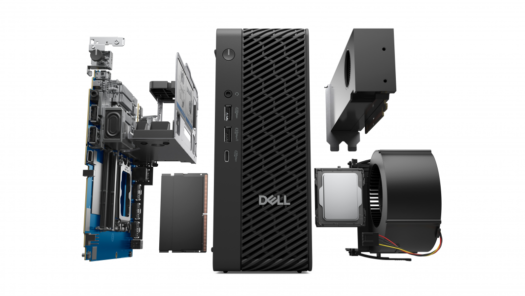 Powiększony widok element&oacute;w wewnętrznych komputera Dell Pro Max Micro.