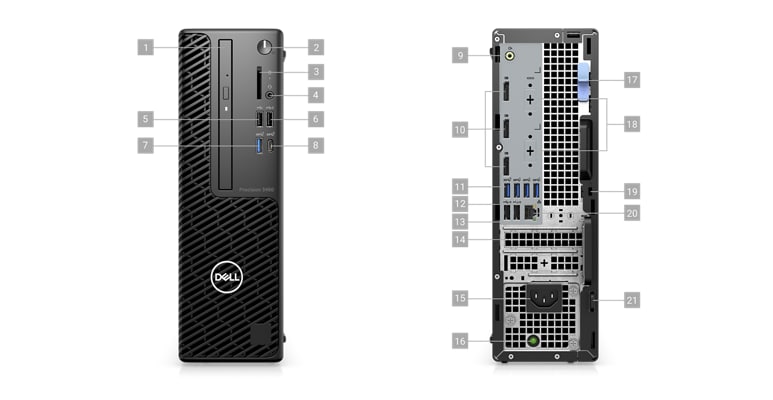 Zdjęcie przedstawiające dwa komputery stacjonarne Dell Precision 3460, jeden z przodu i jeden z tyłu, z liczbami oznaczającymi 21 portów.