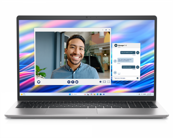 Zdjęcie laptopa Dell 15 z przodu, na ekranie widać połączenie wideo.