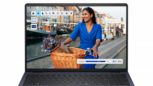 Zdjęcie ekranu notebooka Dell 16 od przodu. Na ekranie kobieta jedzie rowerem wzdłuż nabrzeża, uśmiecha się, w koszyku wiezie bukiet kwiat&oacute;w. Na wierzchu widoczny jest interfejs z filtrami do edycji zdjęć.