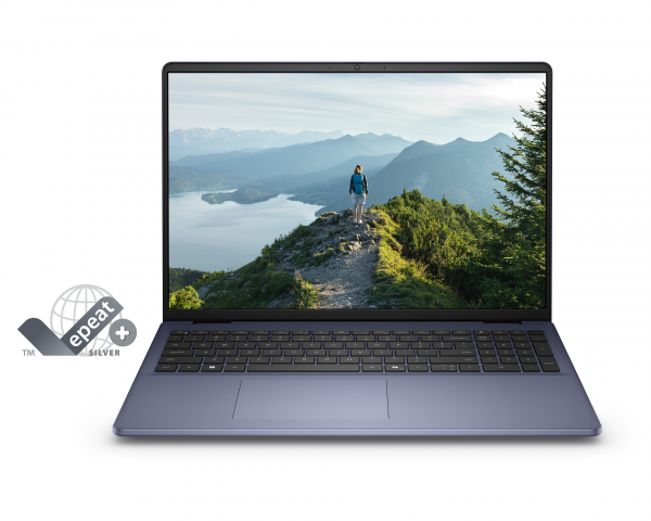 Zdjęcie przedniej części notebooka Dell 16 z logo EPEAT Silver po lewej stronie.
