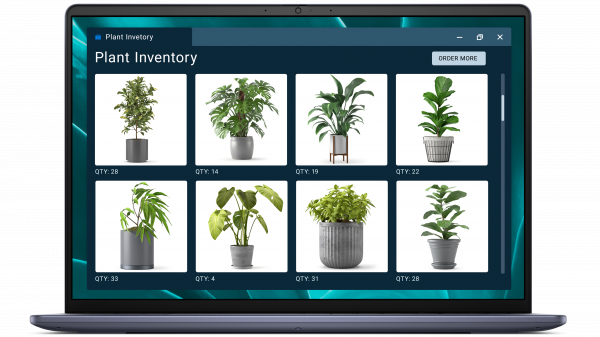 Zdjęcie notebooka Dell 16 od przodu, na ekranie interfejs użytkownika wyświetlający zdjęcia roślin wraz z informacją o stanie magazynowym.