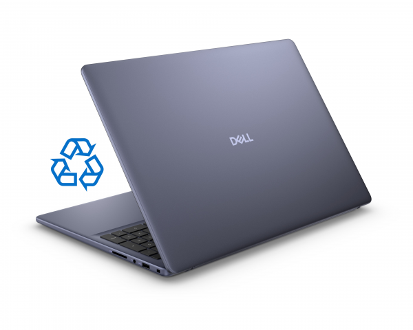 Zdjęcie tylnej części notebooka Dell 16 z logo recyklingu po lewej stronie.