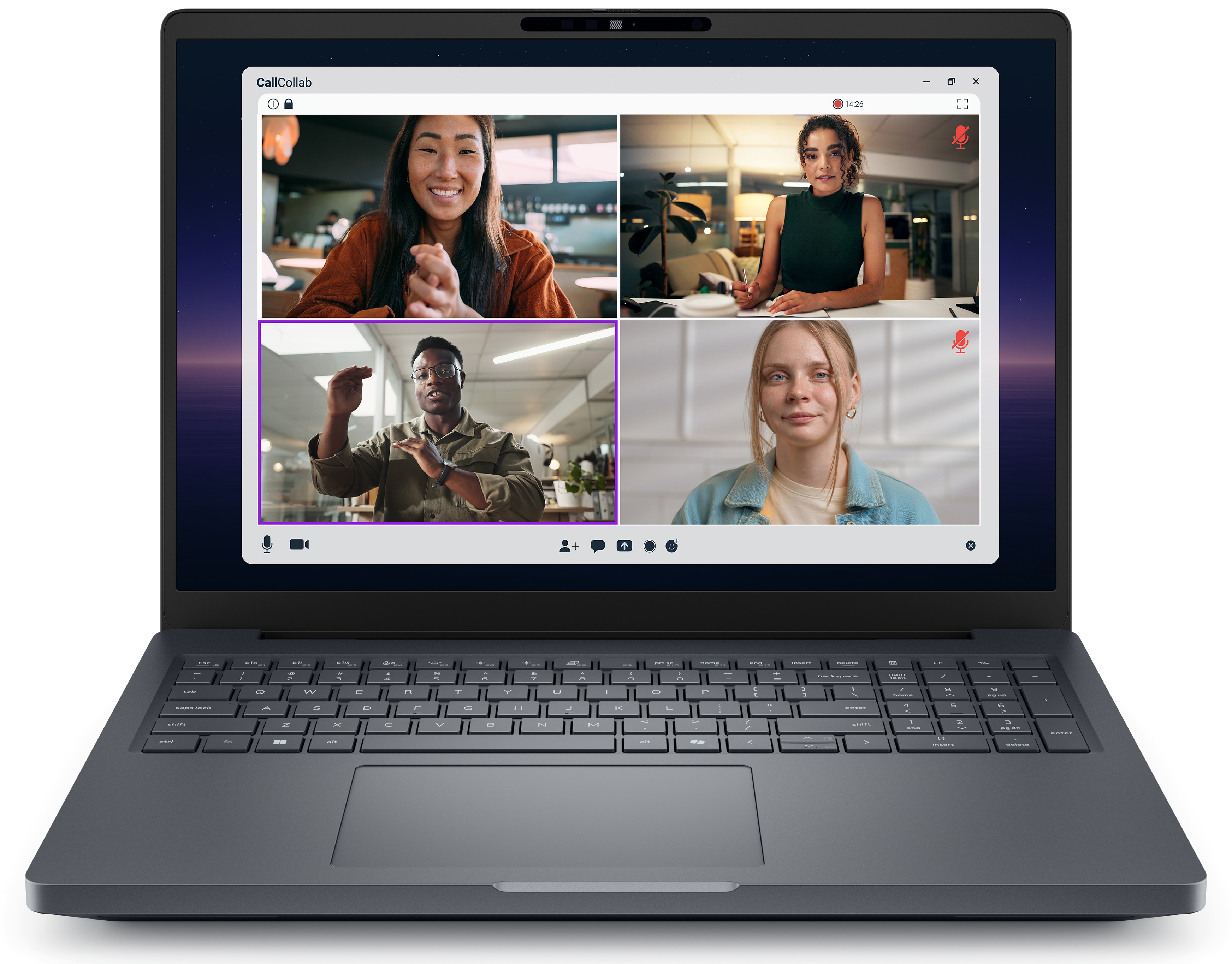 Notebook Dell Pro Max przedstawiający grupę mężczyzn i kobiet podczas wideokonferencji.