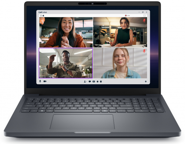 Notebook Dell Pro Max przedstawiający grupę mężczyzn i kobiet podczas wideokonferencji.