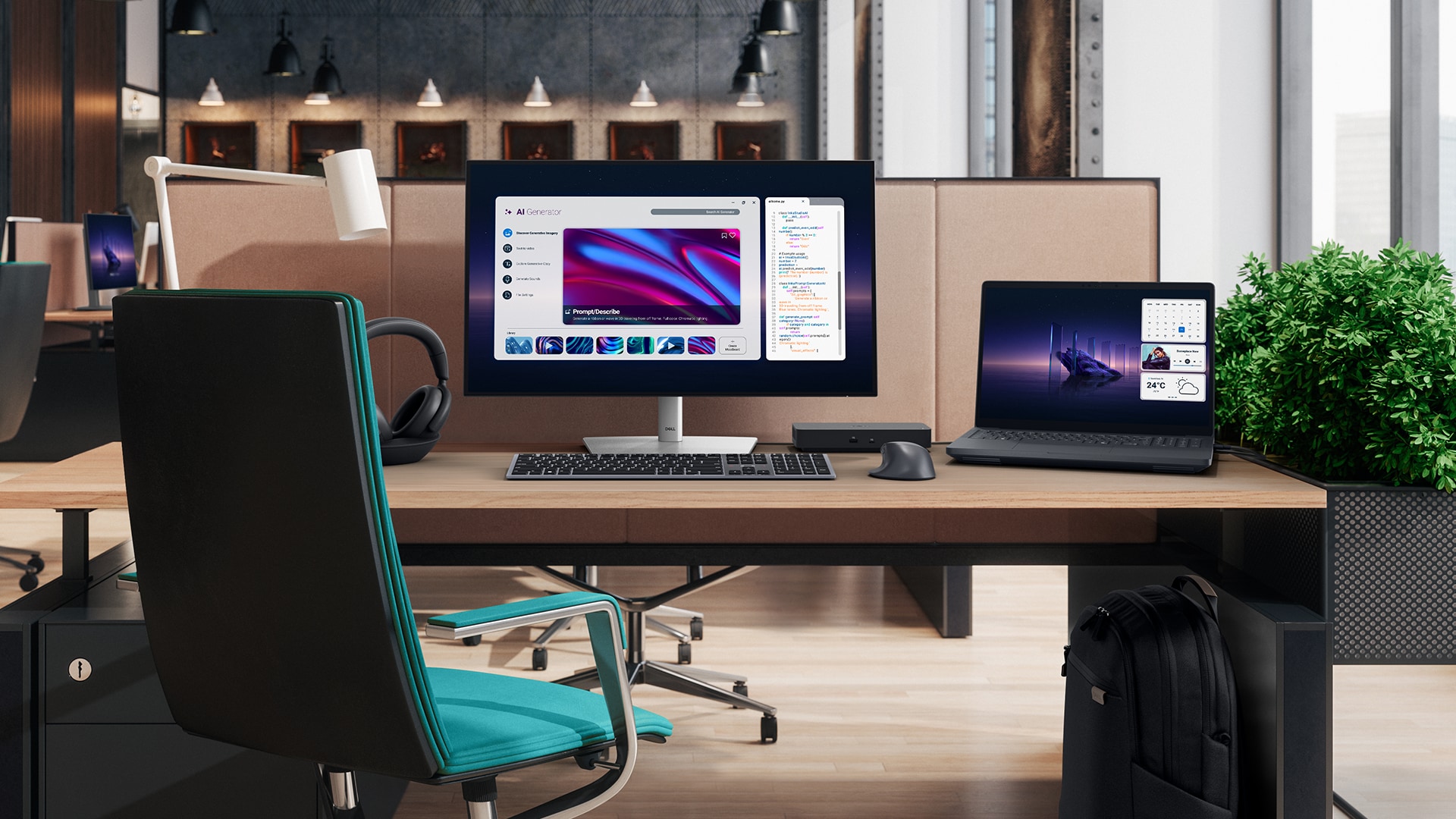 Nowoczesne biurko z komputerem stacjonarnym i notebookiem Dell Pro Max.