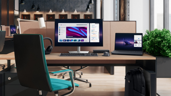 Nowoczesne biurko z komputerem stacjonarnym i notebookiem Dell Pro Max.