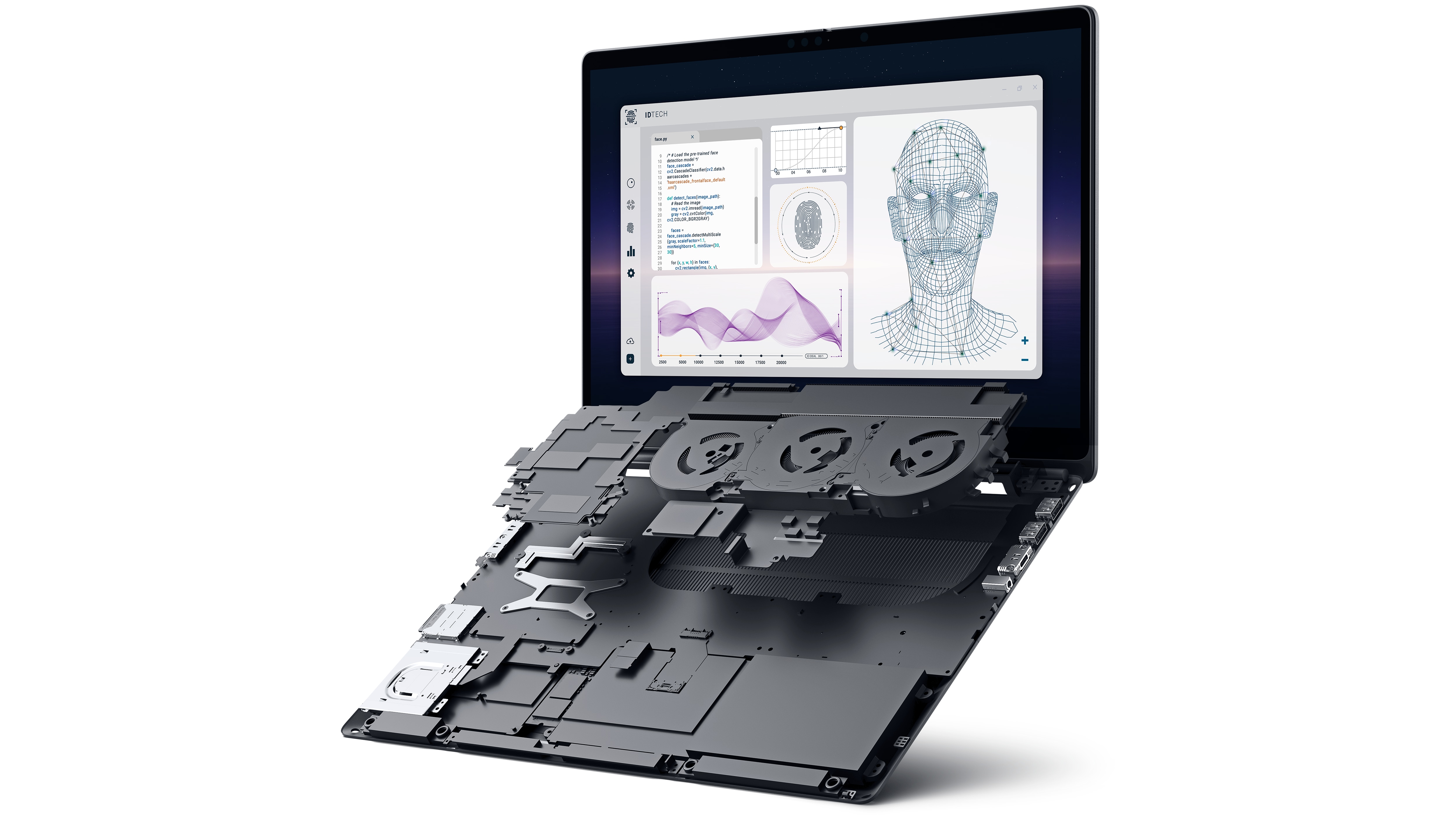 Widok rozwinięty notebooka Dell Pro Max z zaznaczeniem jego najważniejszych funkcji.