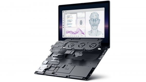 Widok rozwinięty notebooka Dell Pro Max z&nbsp;zaznaczeniem jego najważniejszych funkcji.