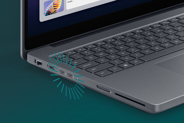 Widok z boku notebooka Dell Pro Max z innowacyjnymi portami.