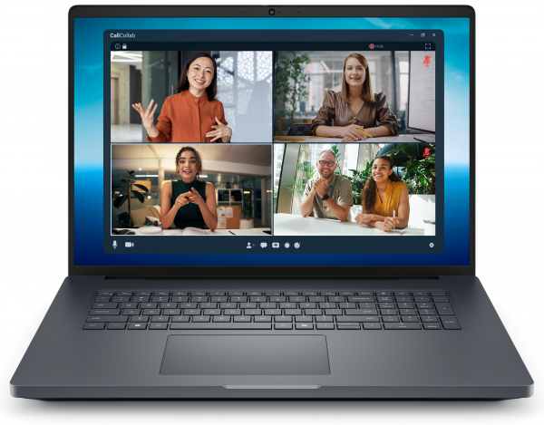 Notebook Dell Pro Max przedstawiający grupę mężczyzn i kobiet podczas wideokonferencji.