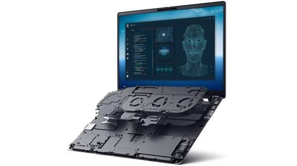 Widok rozstrzelony notebooka Dell Pro Max z wyr&oacute;żnieniem jego najważniejszych funkcji.