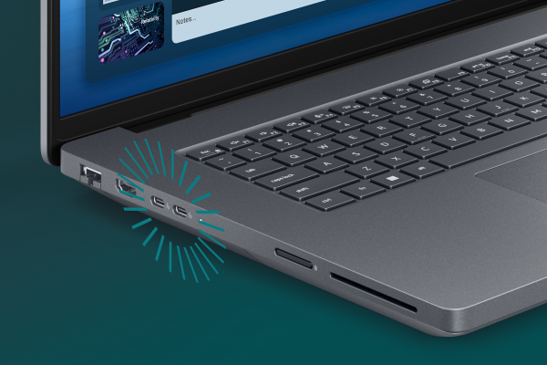 Widok z boku notebooka Dell Pro Max z innowacyjnymi portami.