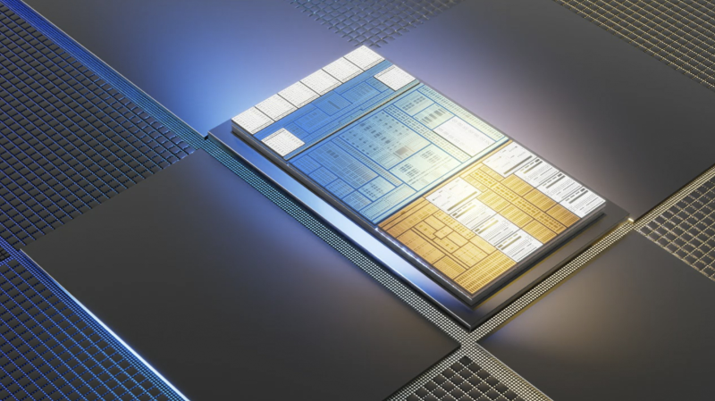 Leżący płasko, podświetlony procesor Intel Core Ultra.