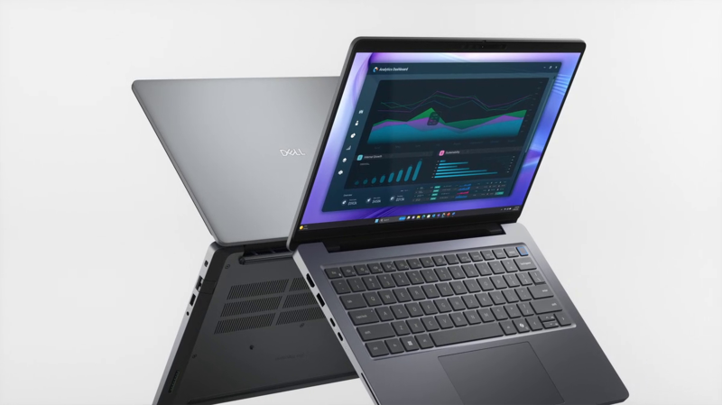 Otwarty notebook Dell Pro Precision&nbsp;14 z&nbsp;serii&nbsp;5 z&nbsp;wideorozmową na ekranie.