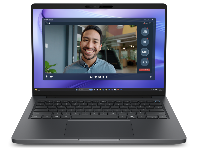 Dwa notebooki Dell Pro Precision 14 z serii 5 unoszą się w powietrzu tyłem do siebie.
