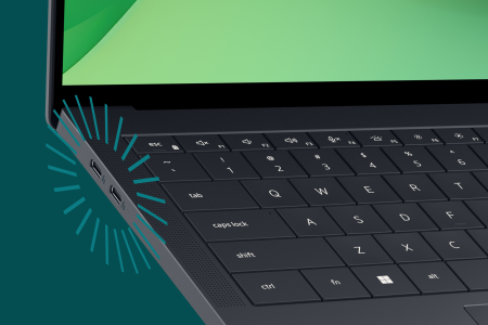 Zbliżenie na notebook Dell Pro Precision&nbsp;14 z&nbsp;serii&nbsp;7 z&nbsp;wyr&oacute;żnionymi portami z&nbsp;boku.