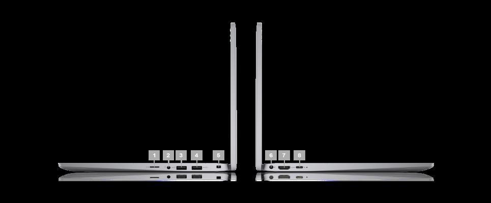 Zdjęcie dwóch notebooków Dell Latitude 13 3330 2 w 1 ustawionych bokiem, z liczbami od 1 do 8 wskazującymi porty urządzenia.