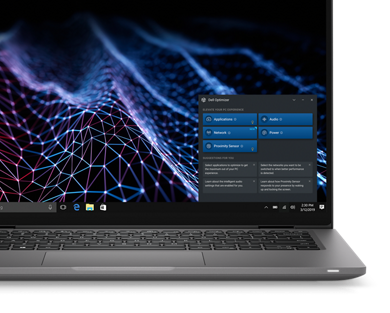 Zdjęcie notebooka Dell Latitude 14 7430 2 w 1 z narzędziem Dell Optimizer widocznym po prawej stronie ekranu.