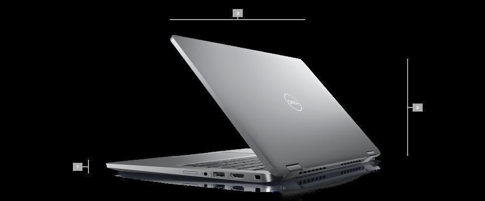 Zdjęcie komputera Dell Latitude 15 5530 ustawionego tyłem z liczbami od 1 do 3 wskazującymi wymiary i wagę produktu.