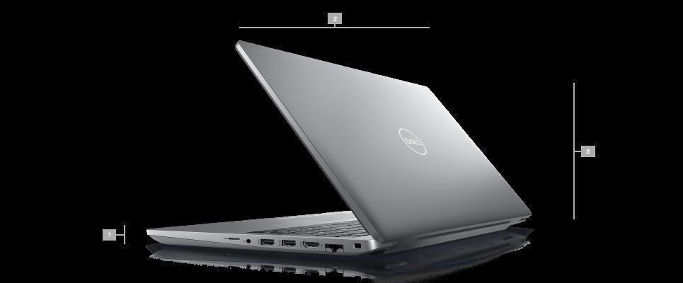 Zdjęcie komputera Dell Latitude 15 5531 ustawionego tyłem z liczbami od 1 do 3 wskazującymi wymiary i wagę produktu.