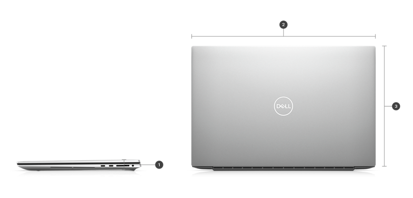 Notebook gamingowy Dell XPS 17 9730 z numerami od 1 do 3 wskazującymi na wymiary i wagę produktu.