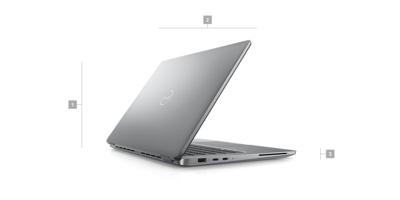 Notebook Dell Latitude 13 5340 2 w 1 z liczbami od 1 do 3 wskazującymi wymiary i wagę produktu.
