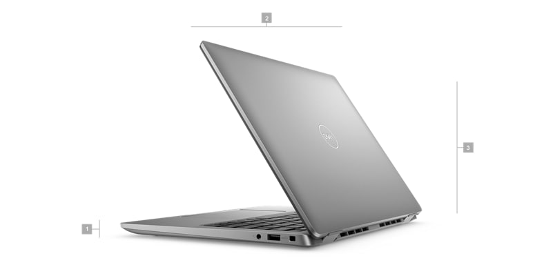 Zdjęcie notebooka Dell Latitude 14 7440 2 w 1 z numerami od 1 do 3 wskazującymi wymiary i wagę produktu.