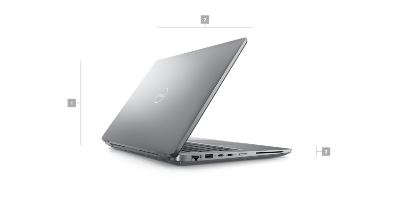 Ilustracja przedstawiająca notebook Dell Latitude 14 5440 z cyframi 1–3 oznaczającymi wymiary i wagę produktu.