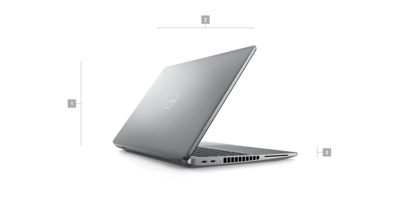 Zdjęcie notebooka Dell Latitude 15 5540 z liczbami od 1 do 3 wskazującymi wymiary i wagę produktu.