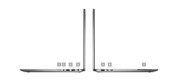 Notebook Dell Latitude 16 7640 z liczbami od 1 do 7 wskazującymi porty i gniazda produktu.