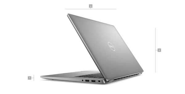 Zdjęcie notebooka Dell Latitude 16 7640 z liczbami od 1 do 3 wskazującymi wymiary i wagę produktu.