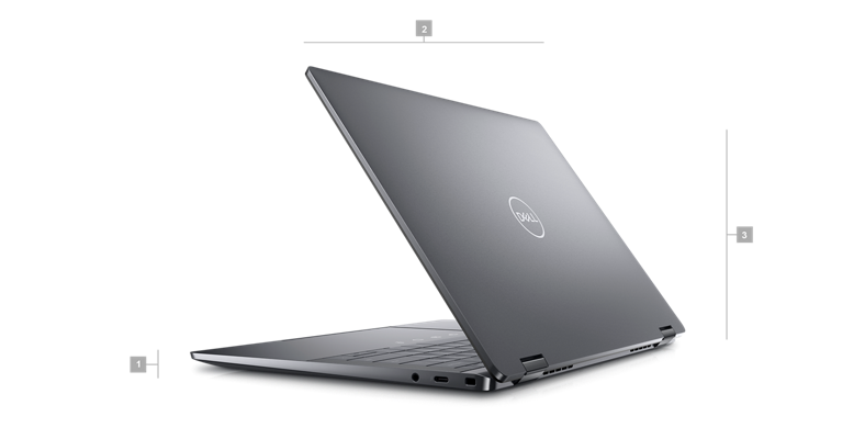 Zdjęcie notebooka Dell Latitude 14 9440 2 w 1 z numerami od 1 do 3 wskazującymi wymiary i wagę produktu.