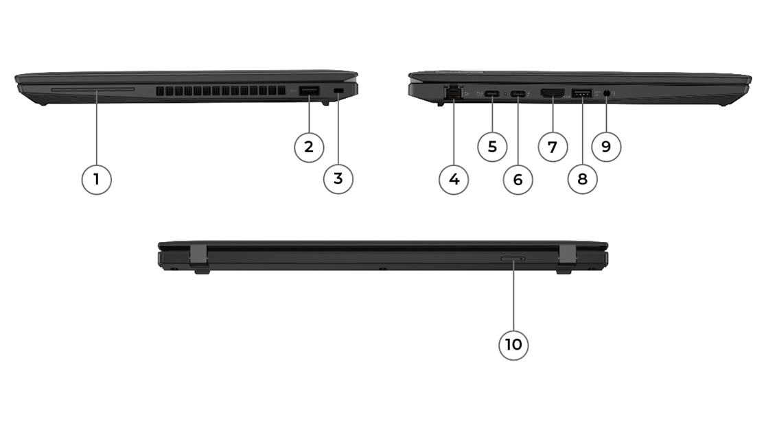 Left-side view of ThinkPad T14 Gen 3 (14 Intel), closed, showing ports,Right-side view of ThinkPad T14 Gen 3 (14 Intel), closed, showing ports