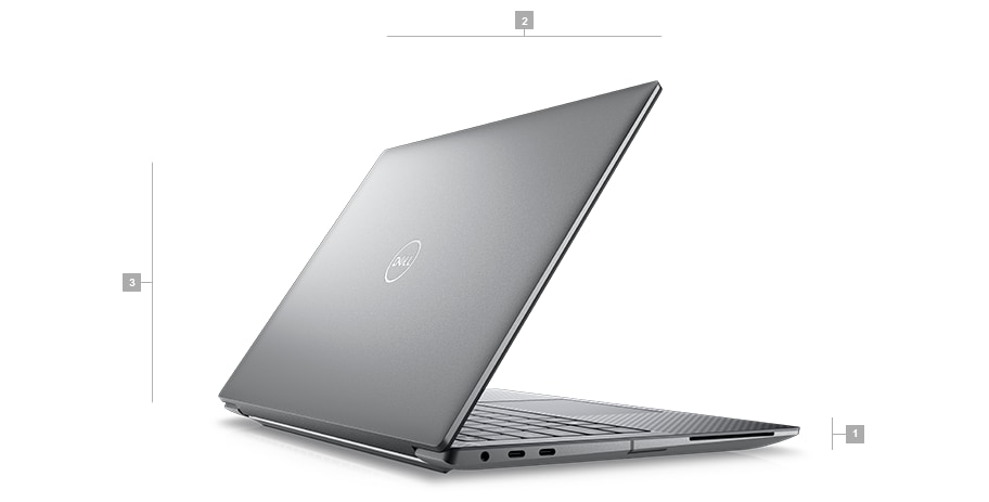 Stacja robocza Dell Precision 14 5480 Workstation z numerami od 1 do 3 wskazującymi wymiary i wagę produktu.