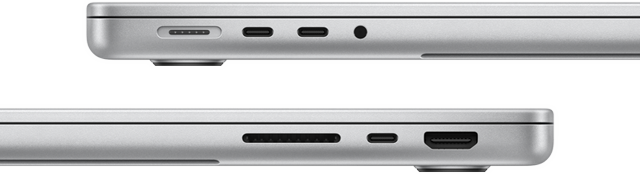 Widok z boku na 14-calowego MacBooka Pro z czipem M3 Pro przedstawiający jego porty: z lewej strony port MagSafe, dwa porty Thunderbolt 4 i gniazdo słuchawkowe, a z prawej – gniazdo na kartę SDXC, jeden port Thunderbolt 4 oraz port HDMI