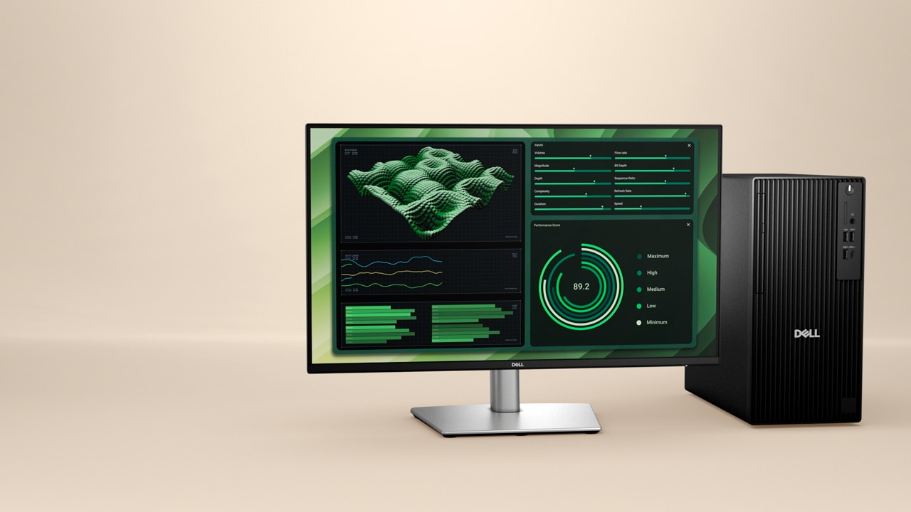 Komputer Dell Pro Tower i monitor z animacją na ekranie