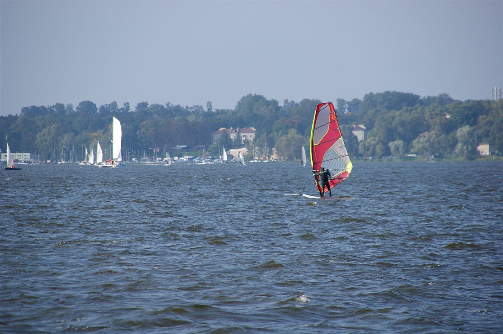 Żaglówki i windsurfer na Zalewie Zegrzyńskim koło Białobrzegów